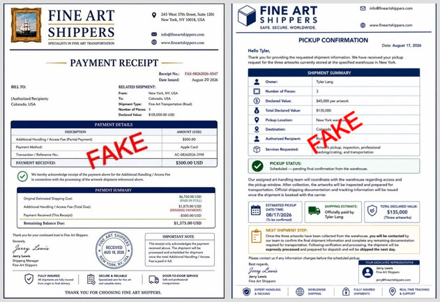 Invoice Fraud Alert from Fine Art Shippers: Beware of Scammers